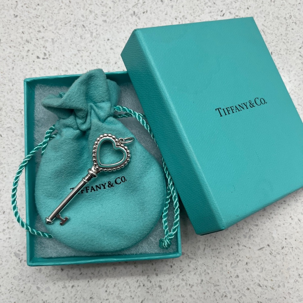 RARE Retired Tiffany & Co. Blue Enamel Open Heart Key Pendant - Picture 2 of 7